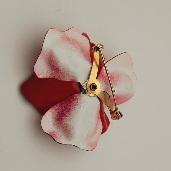 Vintage 1960s Red Enamel Metal Flower 2 1/4 Inches Brooch - Picture 4 of 8